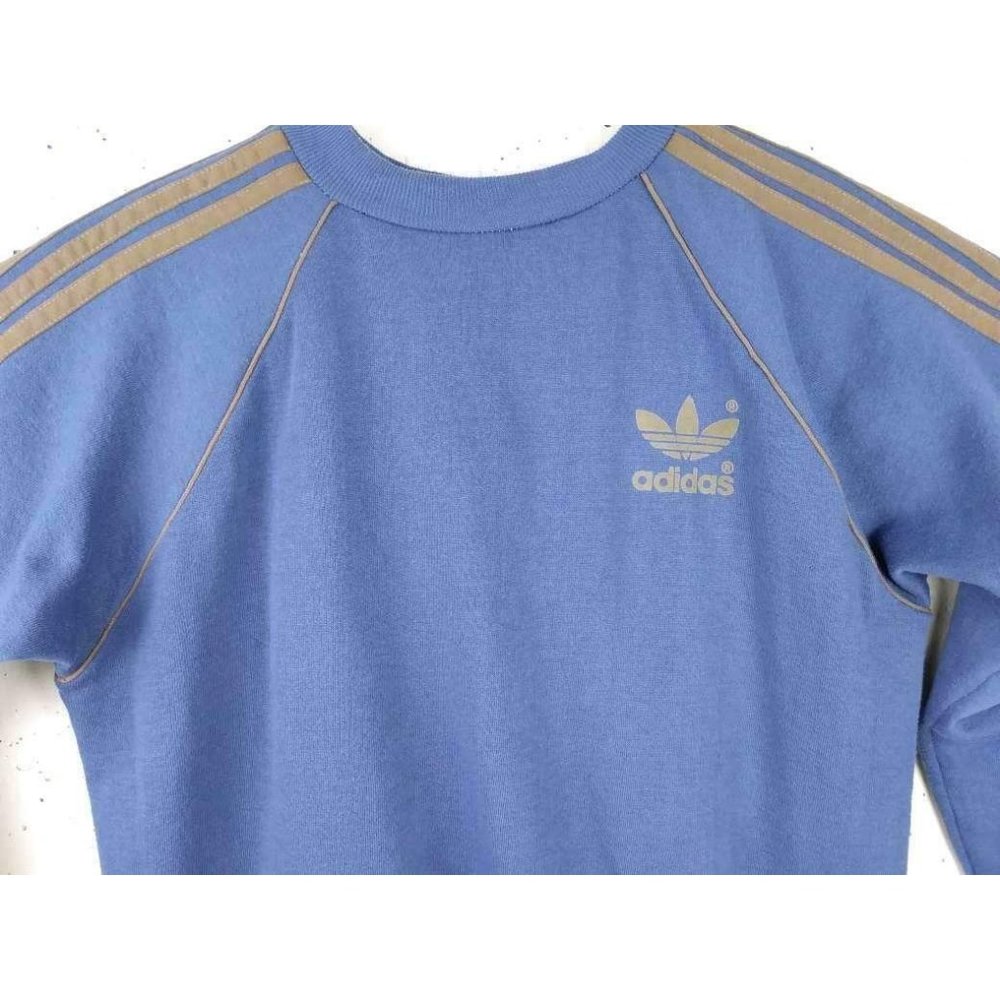 Adidas Sweatshirt Vintage 1970s Flocked Trefoil XL Blue Very Rare Streetwear USA